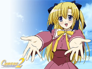 yellow haired girl in pink and white uniform anime character
